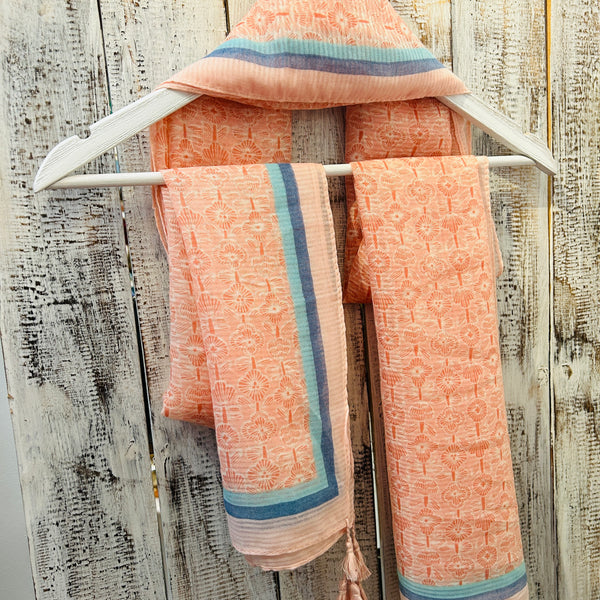 Lightweight Coral Scarf with Stripes and Tassels