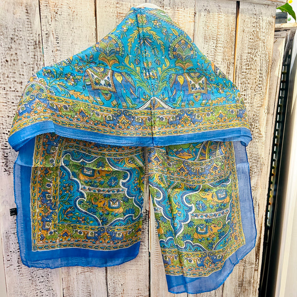 Turquoise Paisley Elephant Silk Scarf