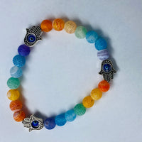 Cracked Agate Bracelet in Chakra Colours with Hand of Fatima and Evil Eye
